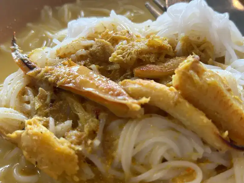 Yellow curry over khanom jeen noodles, close up