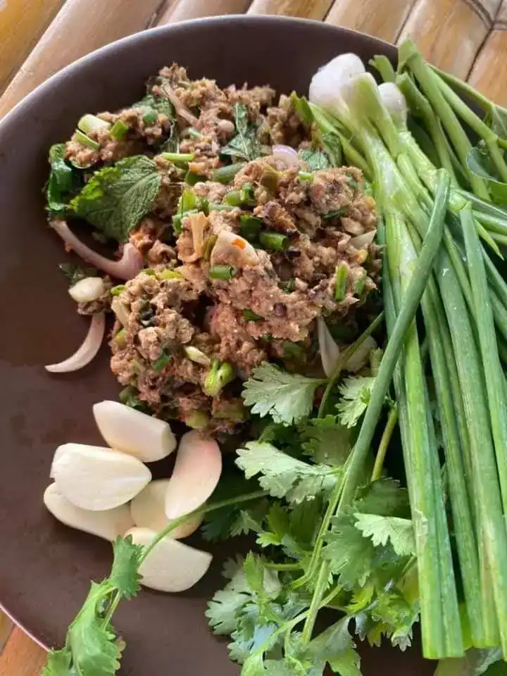 Larb served with spring onions, coriander and garlic