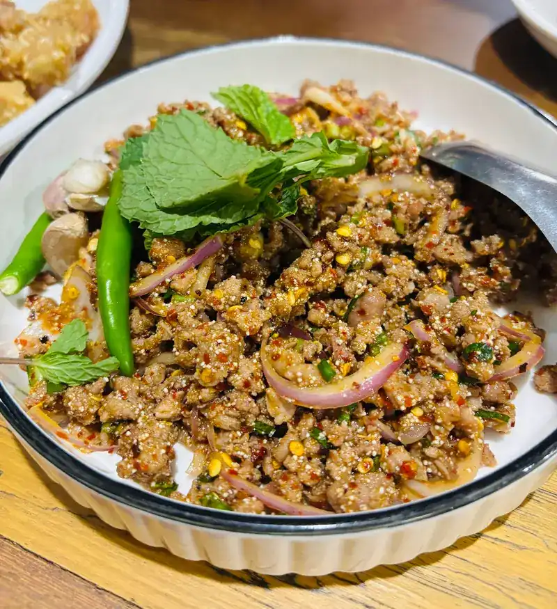 Larb with fresh mint leaves, red onion, long green chilli and toasted rice