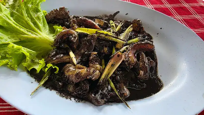 Squid cooked in black ink on a white plate with lettuce / หมึกน้ำดำบนจานสีขาว แต่งด้วยผักกาด