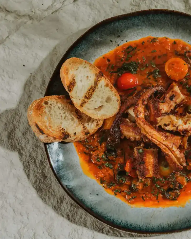 Charred octopus in tomato sauce with two slices of grilled bread