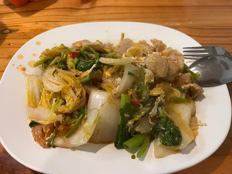 Stir-fried napa cabbage, morning glory, egg and pork