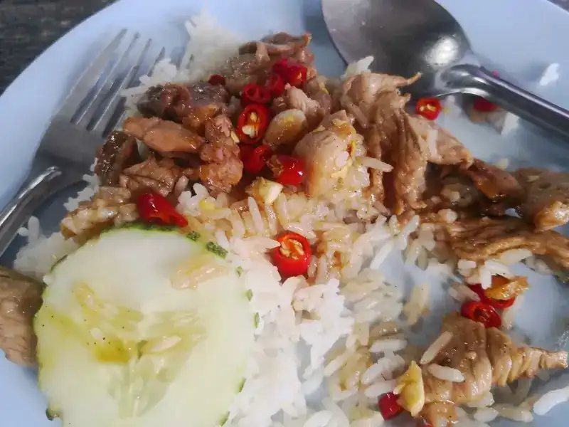 A stir-fry with fresh red chilli over rice, with a slice of cucumber