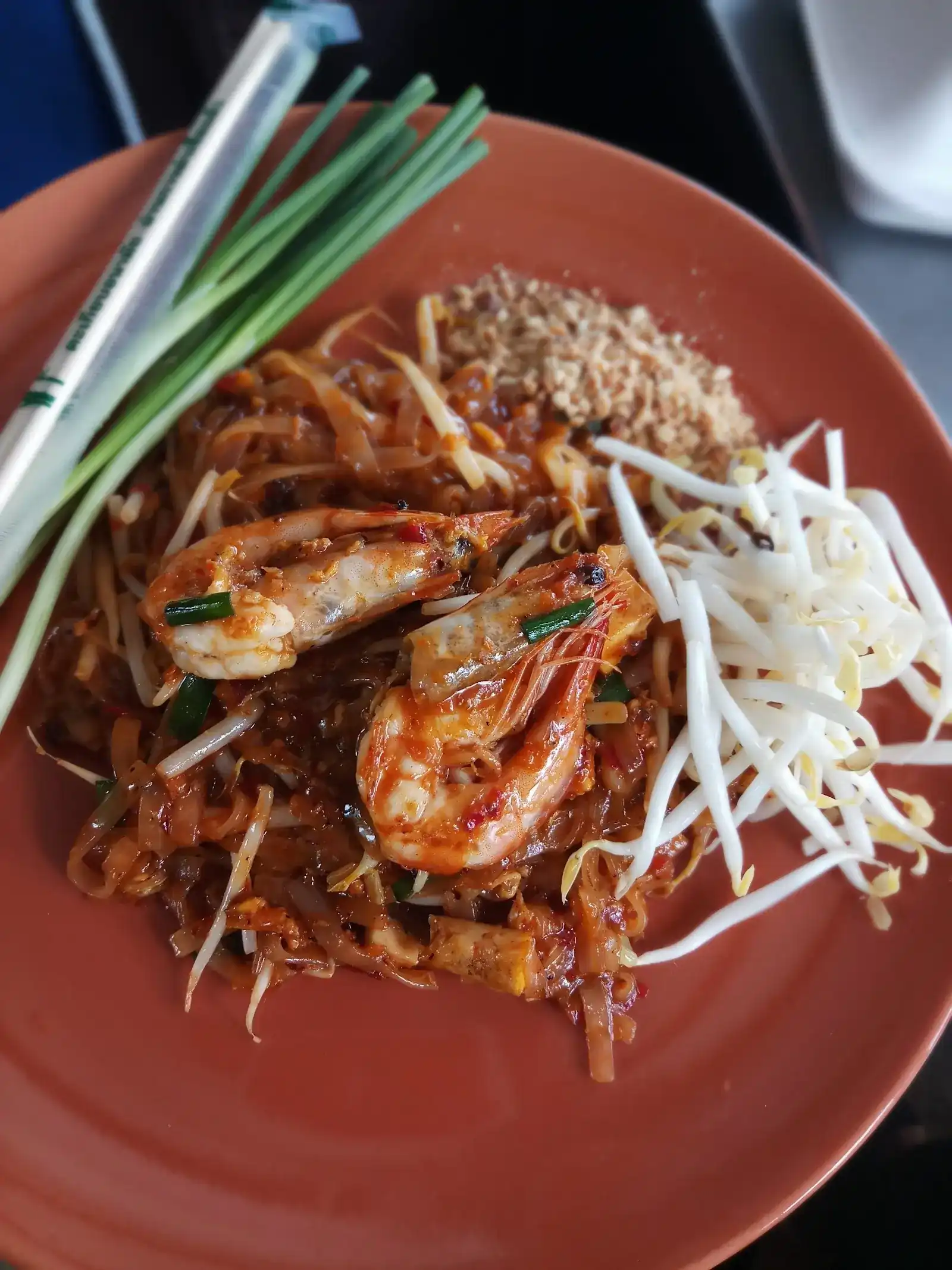 Pad thai with prawns, bean sprouts, crushed peanuts and spring onion on a salmon-coloured plate