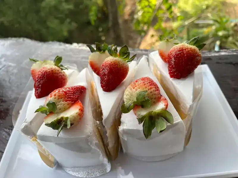Slices of strawberry cream cake