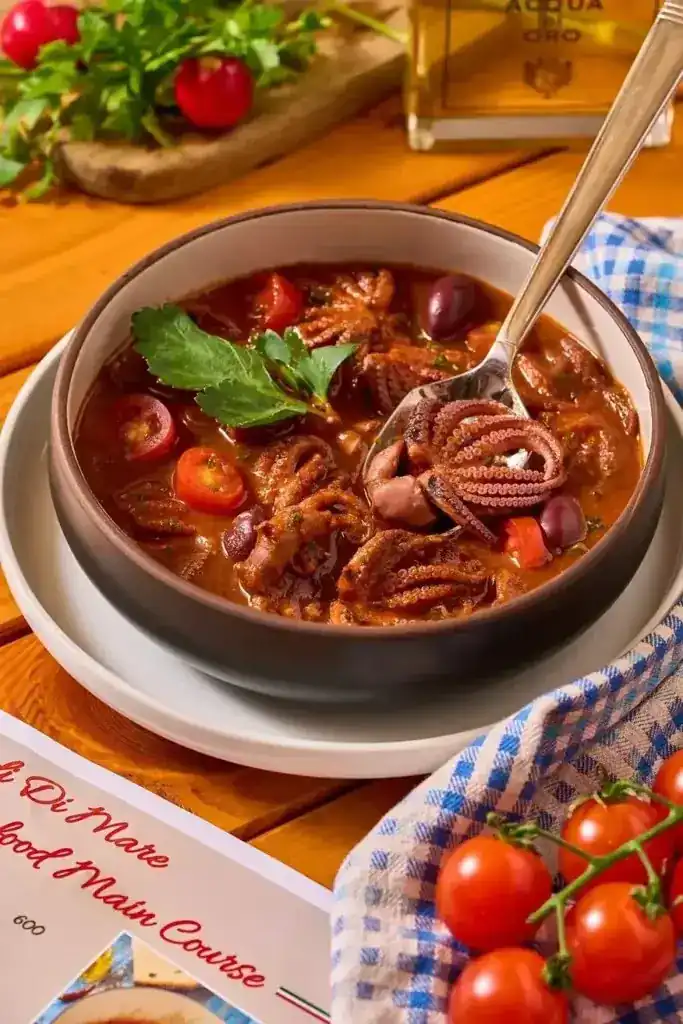 Baby octopus in tomato sauce with olives, served in a clay bowl beside a blue check cloth