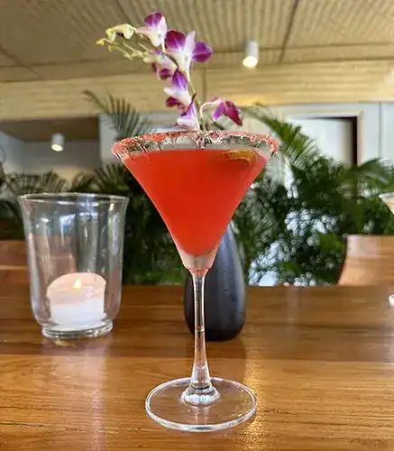 A red cocktail with a salted rim and an orchid