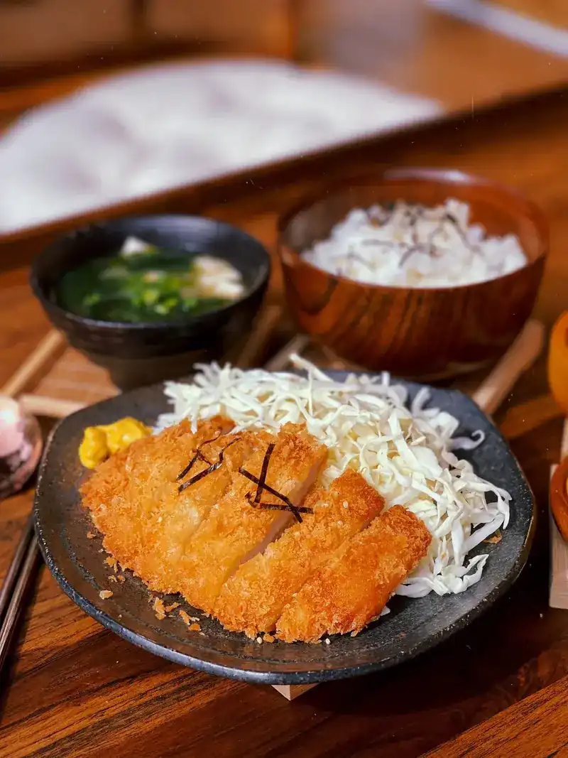 Tonkatsu set: sliced fried pork cutlet with shredded cabbage, rice and miso soup
