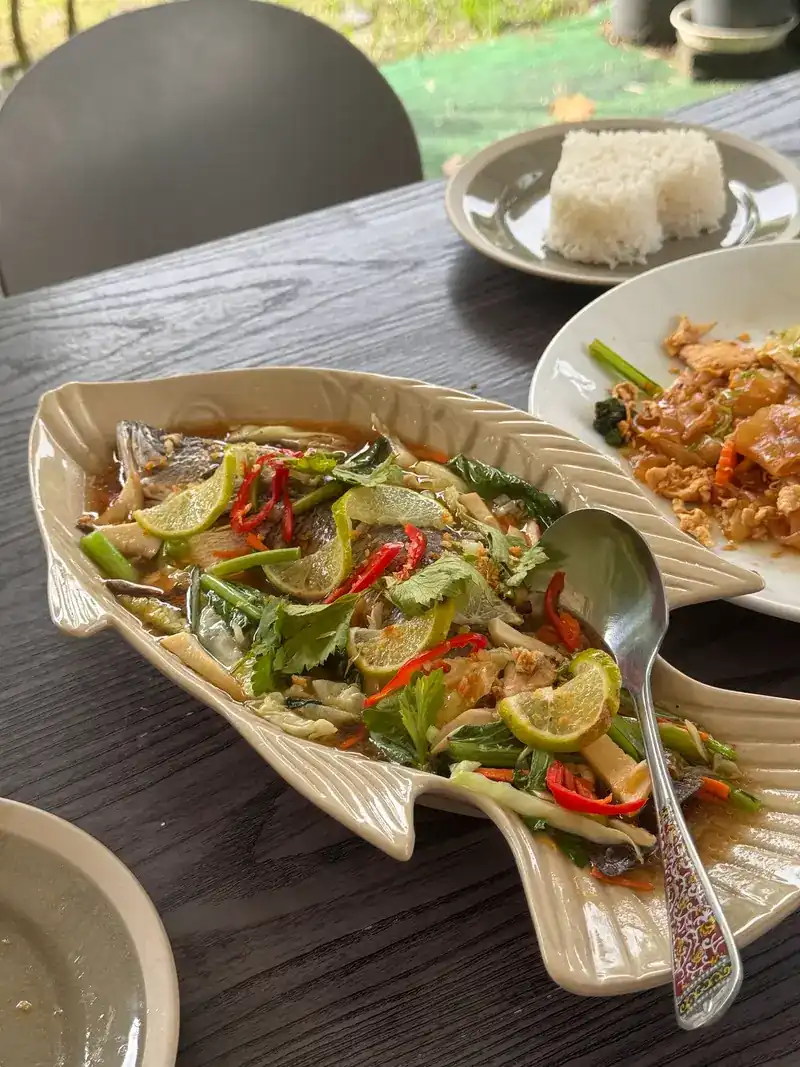 Whole fish with lime, chilli and herbs in a fish-shaped dish / ปลาทั้งตัวกับมะนาว พริก และผักสมุนไพร ในจานรูปปลา