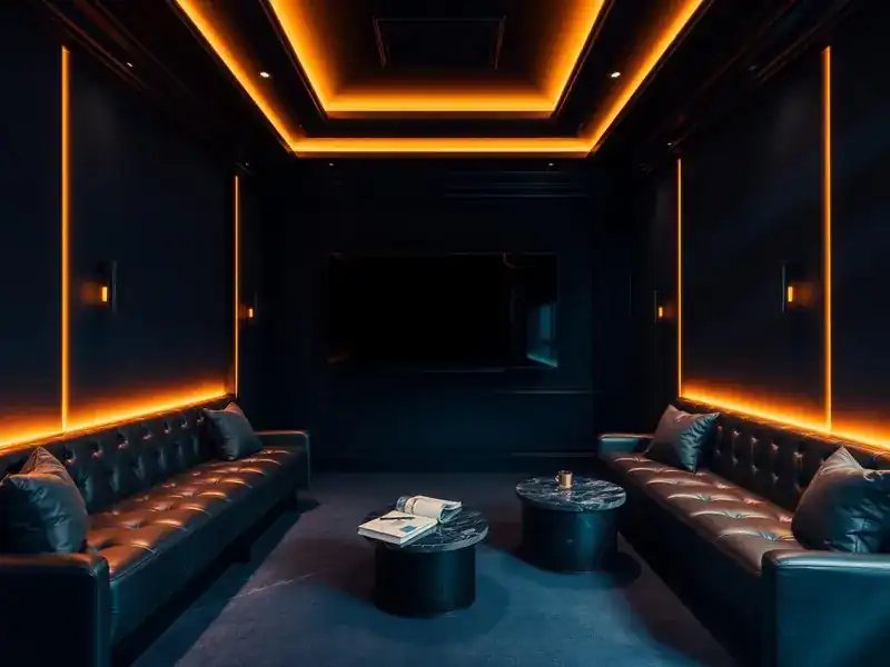 One Room: black leather sofas facing each other under amber edge lighting