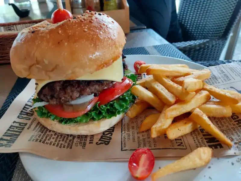 A cheeseburger with tomato and lettuce, and a plate of fries