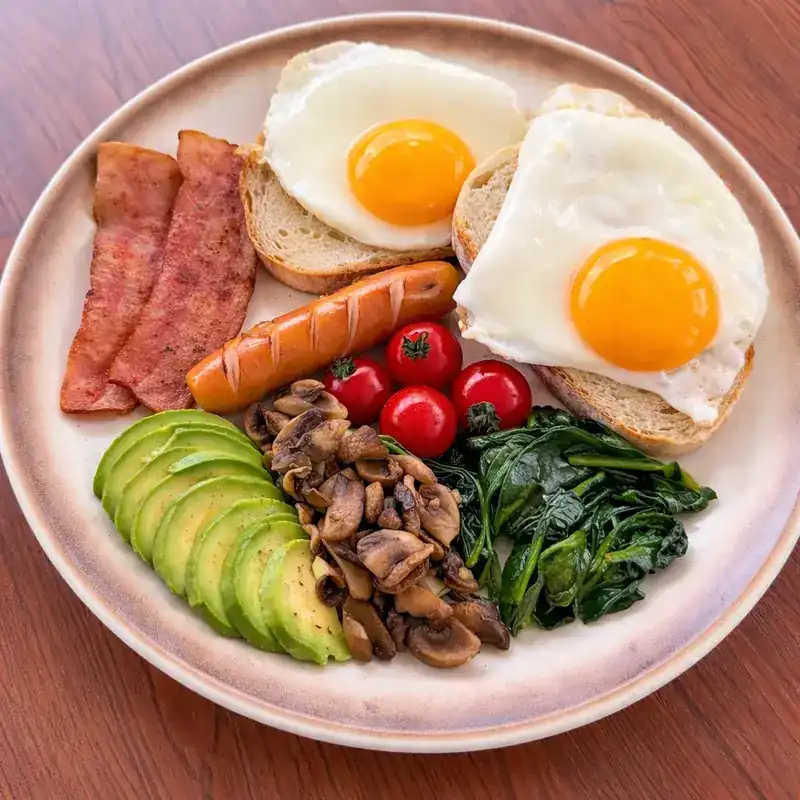 A breakfast plate on a wooden table: two fried eggs on toast, bacon, sausage, mushrooms, spinach, avocado slices and cherry tomatoes