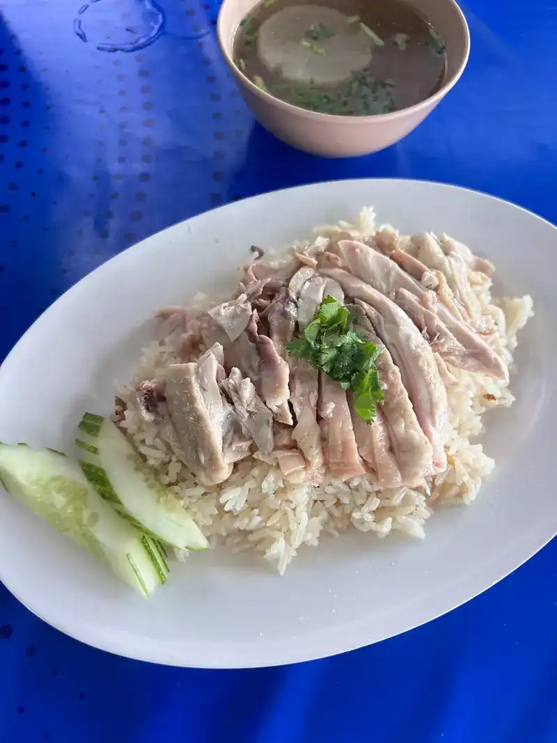Sliced capon chicken on rice with cucumber, a bowl of soup behind, on a blue table