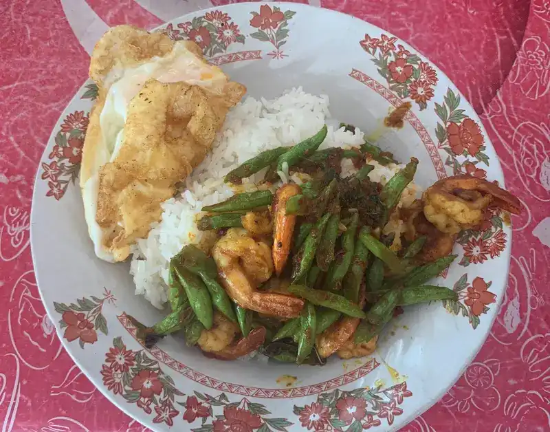Shrimp stir-fried with long beans in red chilli paste, with rice and a fried egg on a flowered plate