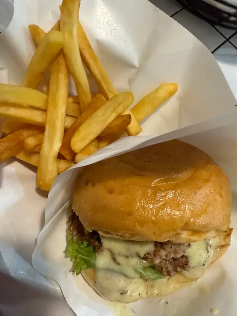 Cheeseburger in a paper wrap with a pile of fries