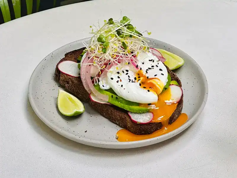 Avocado toast with a poached egg and sprouts