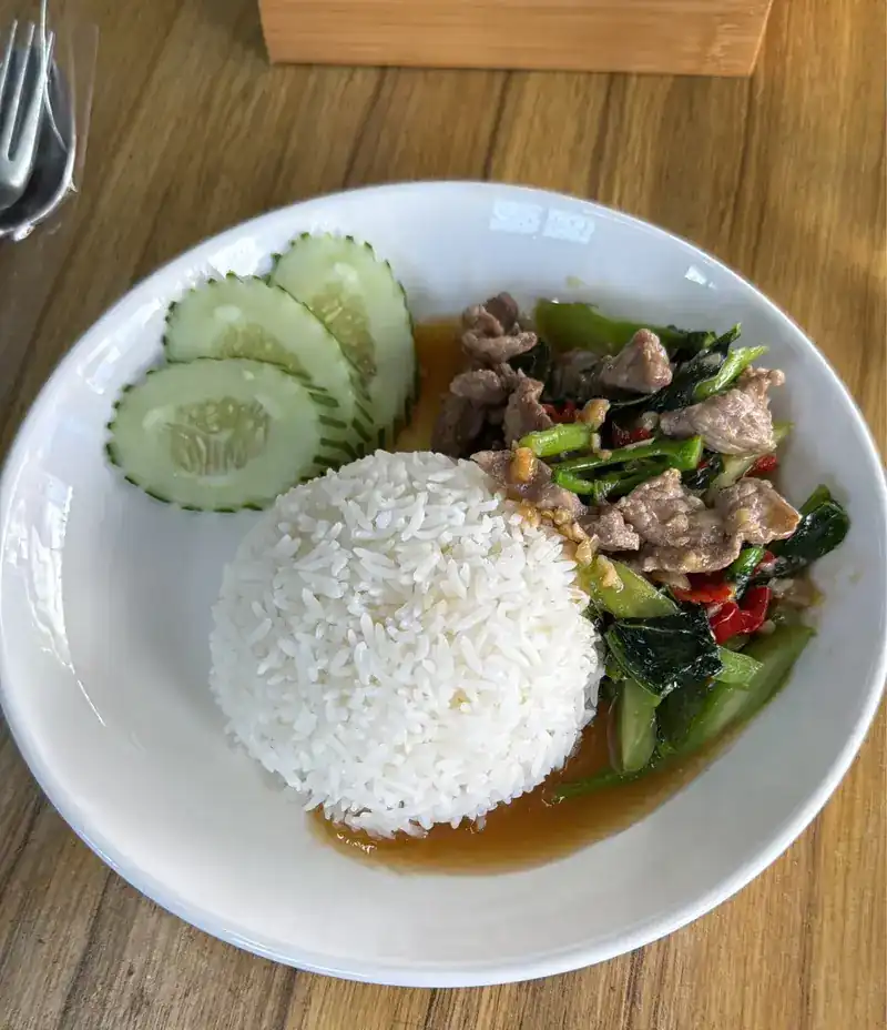 A stir-fry with greens over rice, with sliced cucumber