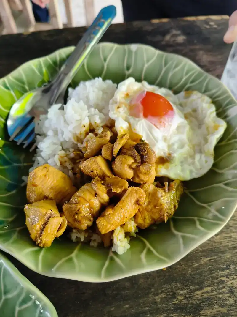 Rice topped with chicken and a fried egg on a leaf-shaped plate / ข้าวราดไก่กับไข่ดาวในจานรูปใบไม้