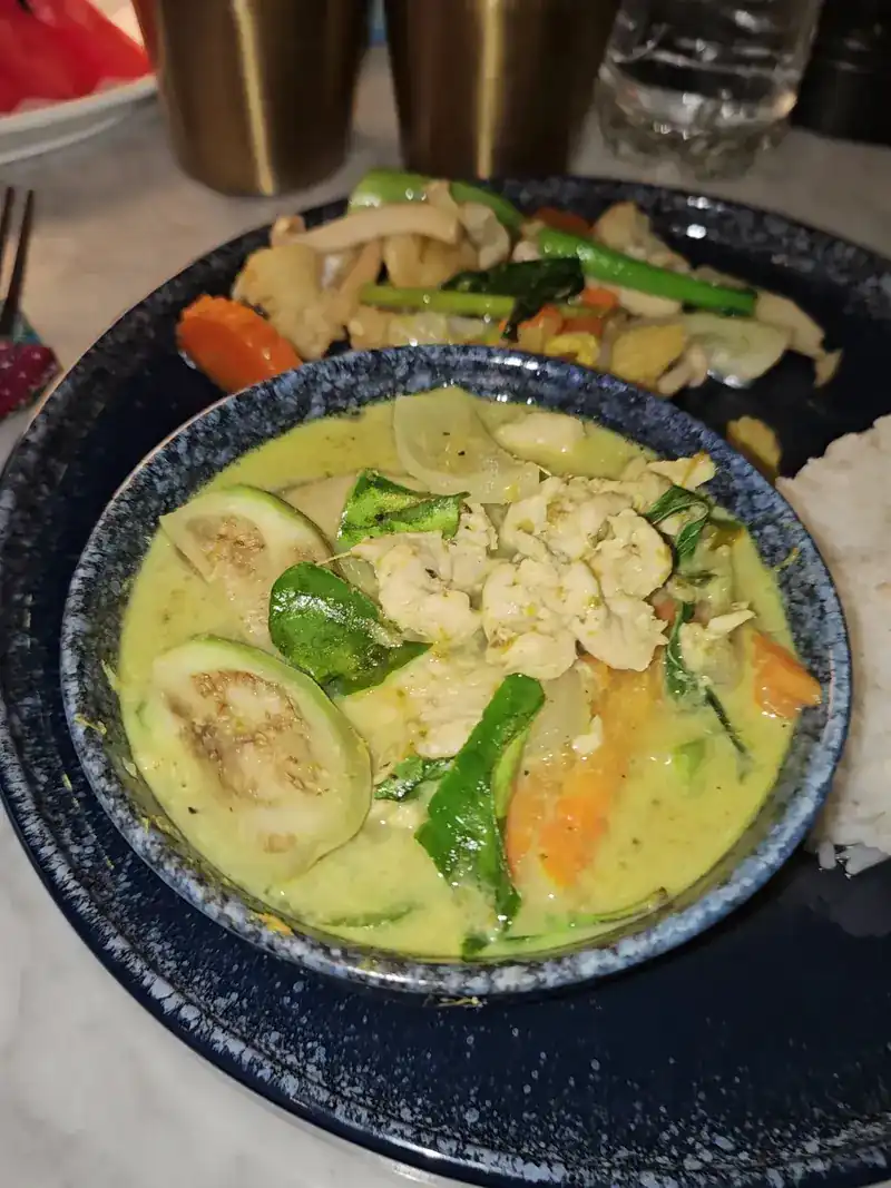 Green curry with Thai eggplant and basil, with rice