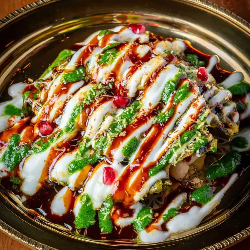 Crisp leaves under yogurt, green and tamarind chutneys and pomegranate seeds on a brass plate