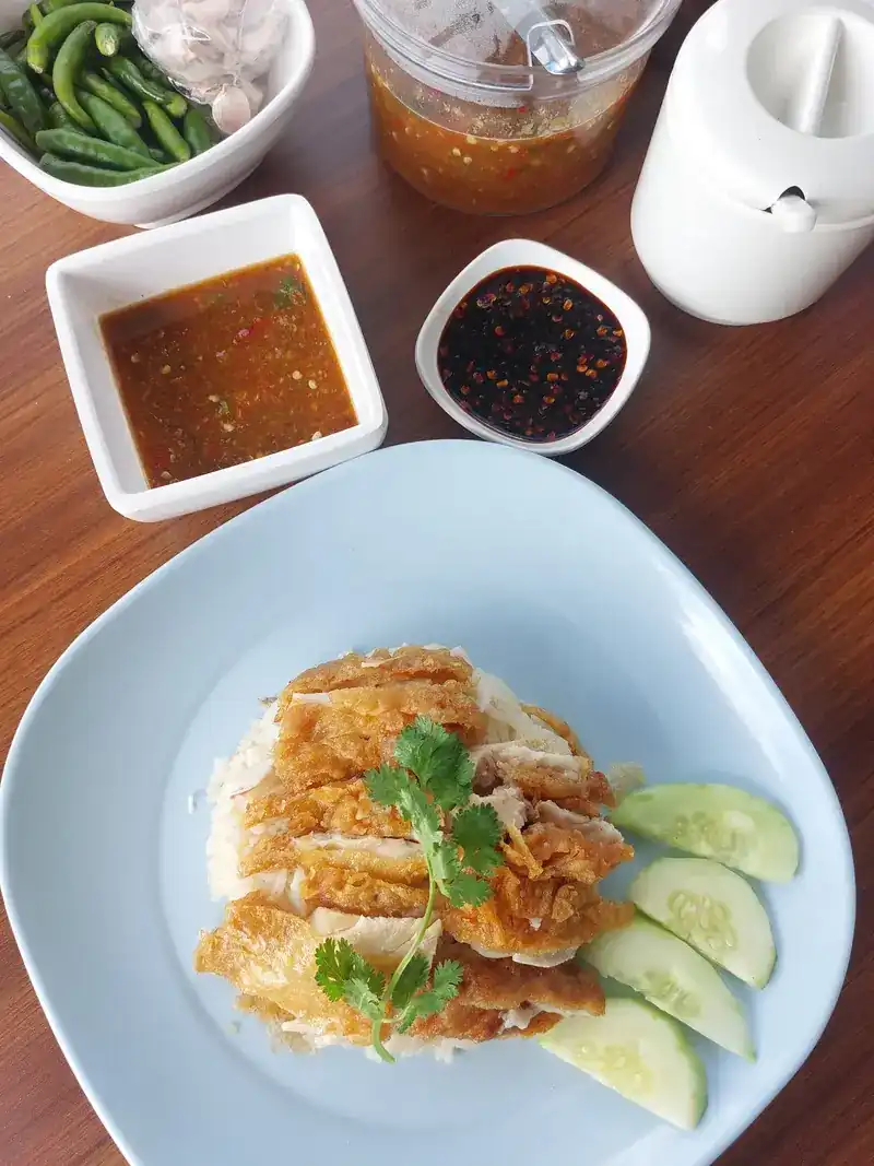 Fried chicken sliced over rice on a pale blue plate, with cucumber and sauces