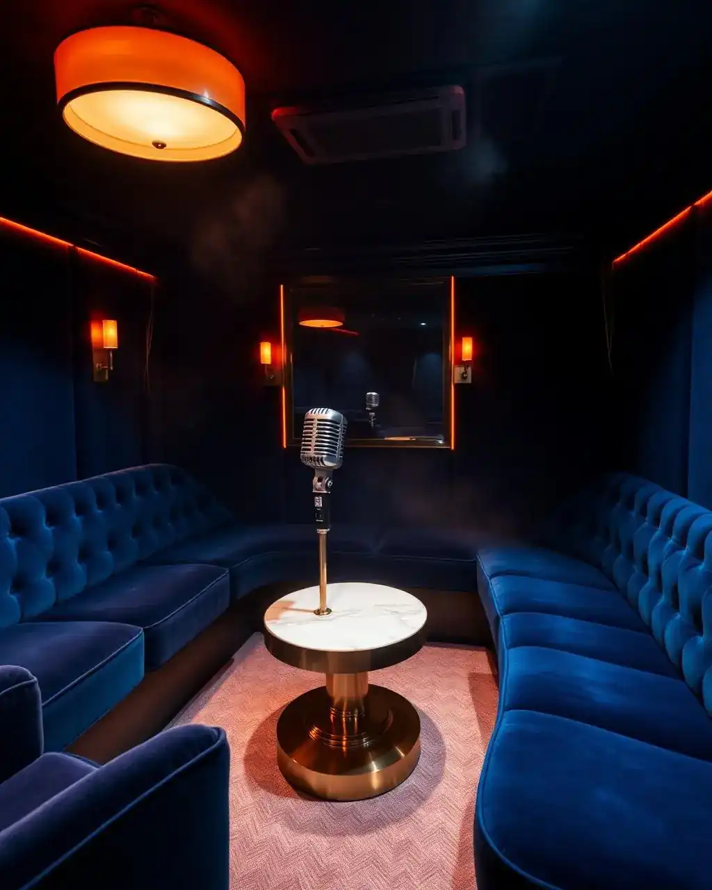 A private karaoke room at Tempo: blue velvet sofas, a vintage microphone on a marble table, amber wall lights