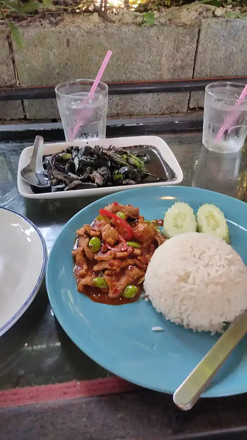 A stir-fry with red chilli, served with rice and sliced cucumber