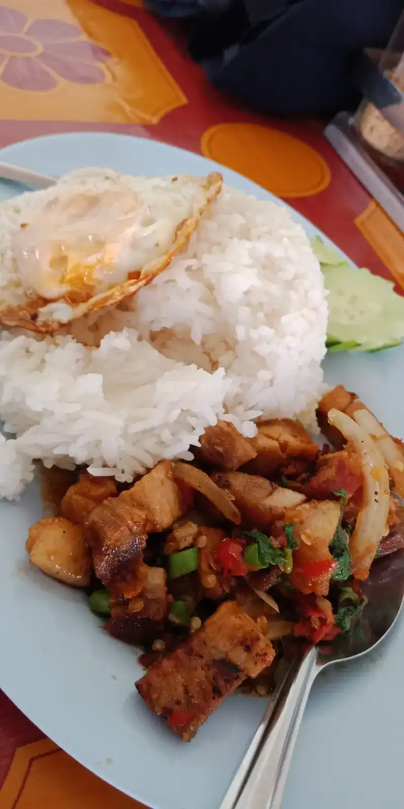 Rice with a fried egg and crispy pork stir-fried with chilli and onion