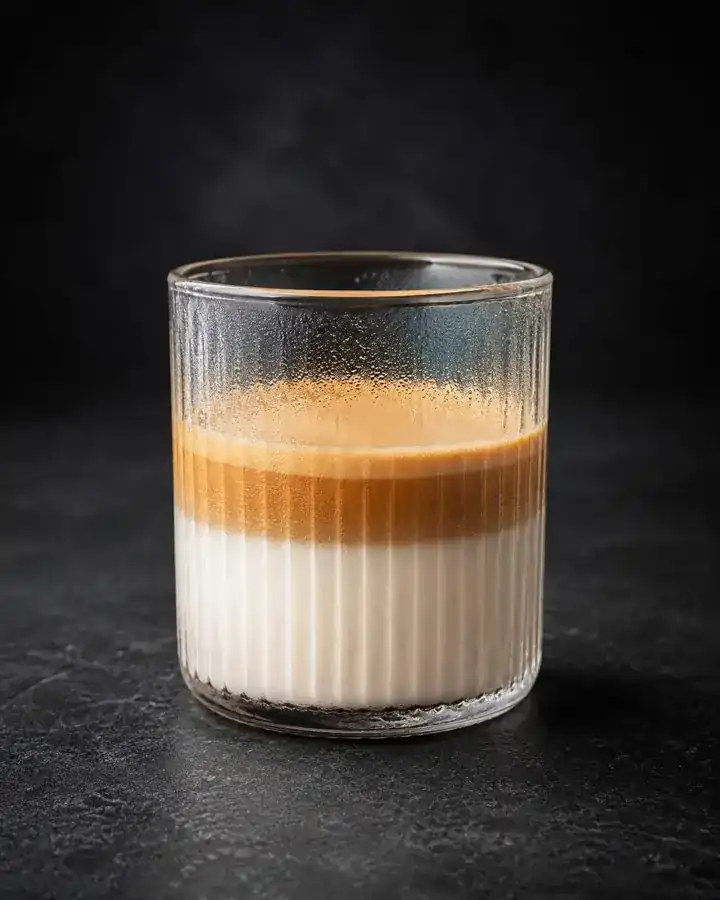 A Dirty: espresso resting on cold milk in a ribbed glass