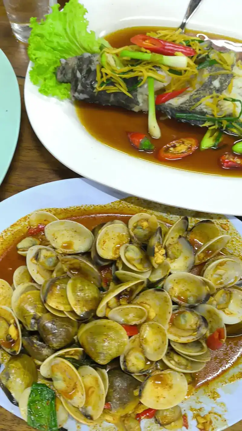 A fish in sauce with sliced chilli, and a plate of clams below / ปลาราดซอสกับพริกหั่น และจานหอยด้านล่าง