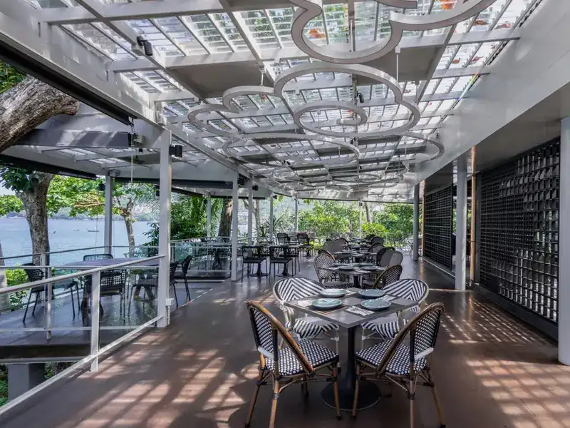 The terrace under white cloud-shaped ceiling lights