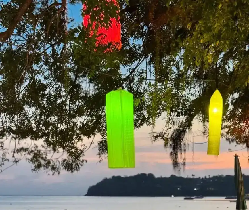 Lanterns glowing in the tamarind tree at sunset, the sea and an island beyond