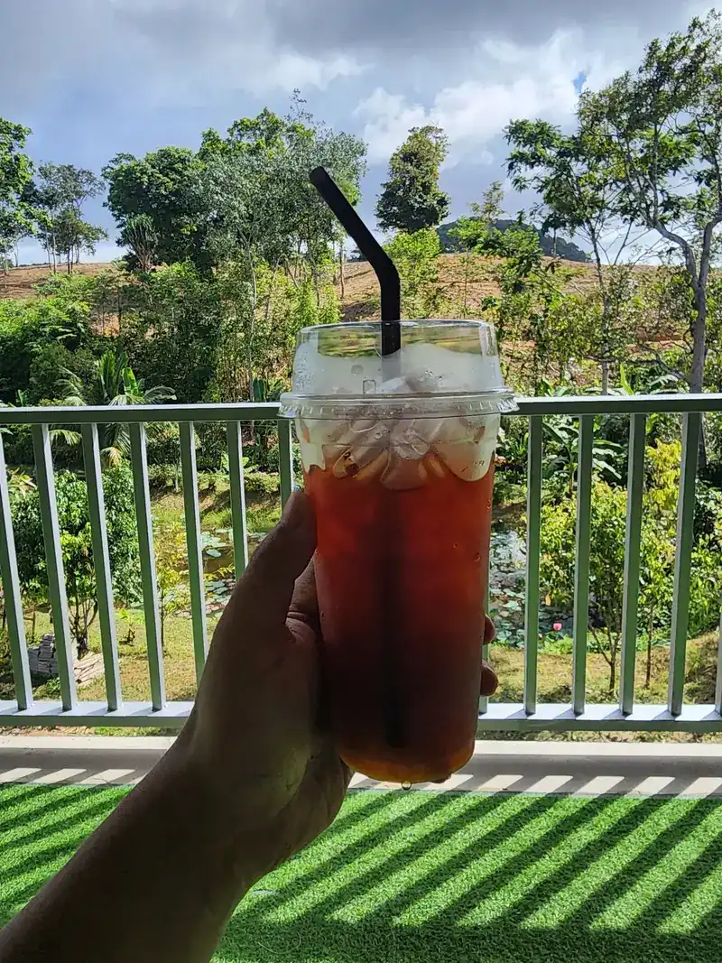 A cold drink held up against the green hill beyond the railing