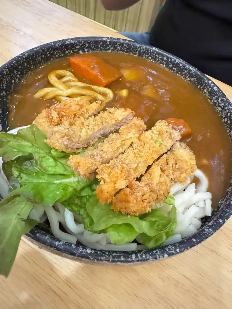 Curry udon with a sliced breaded cutlet and lettuce