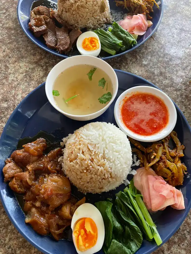 Rice plate with braised meat, boiled egg, greens and pickled ginger — ข้าวกับเมนูตุ๋น ไข่ต้ม ผัก และขิงดอง