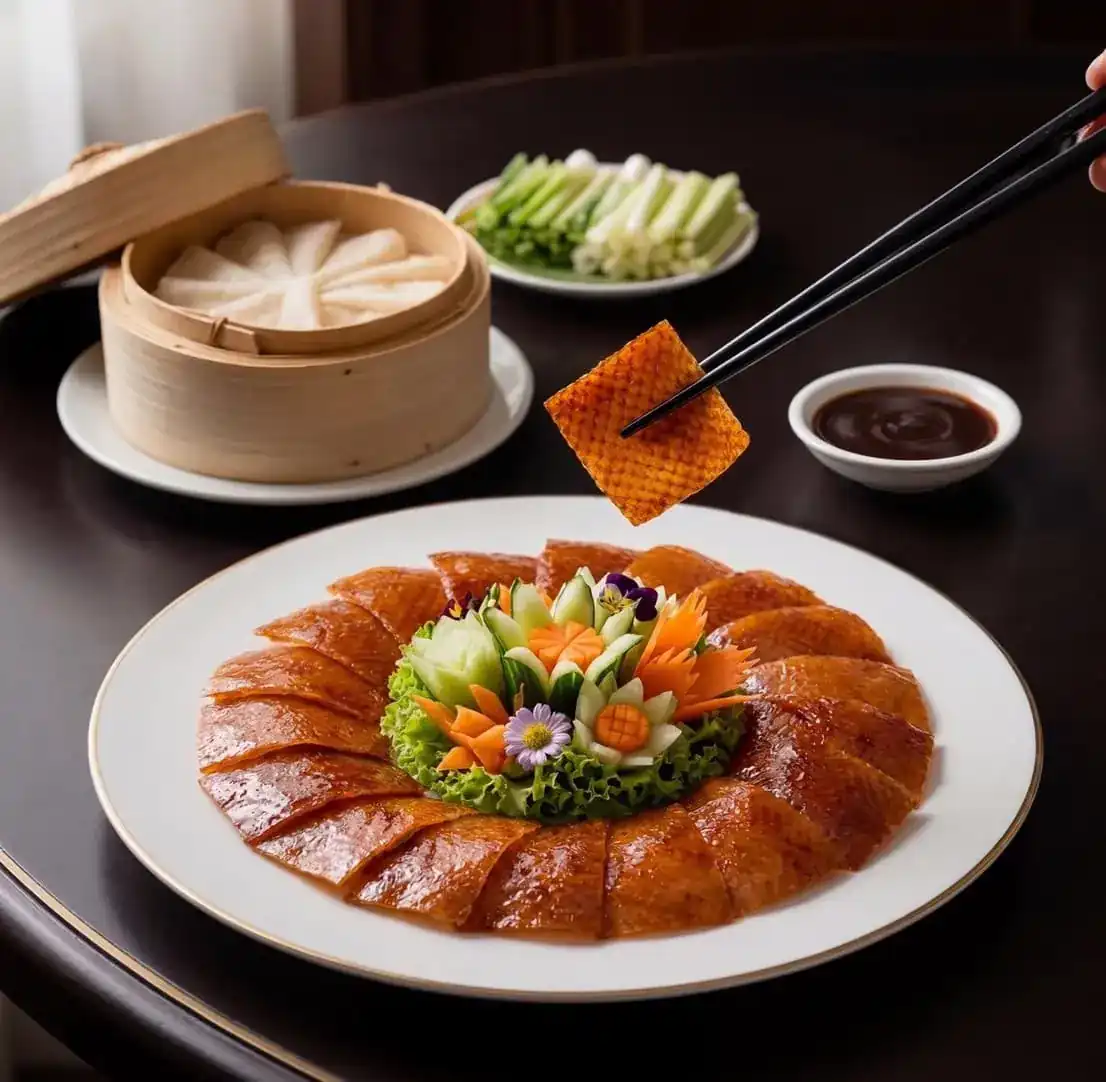 Peking duck, the skin sliced and fanned around a carved vegetable centre, with pancakes and spring onion