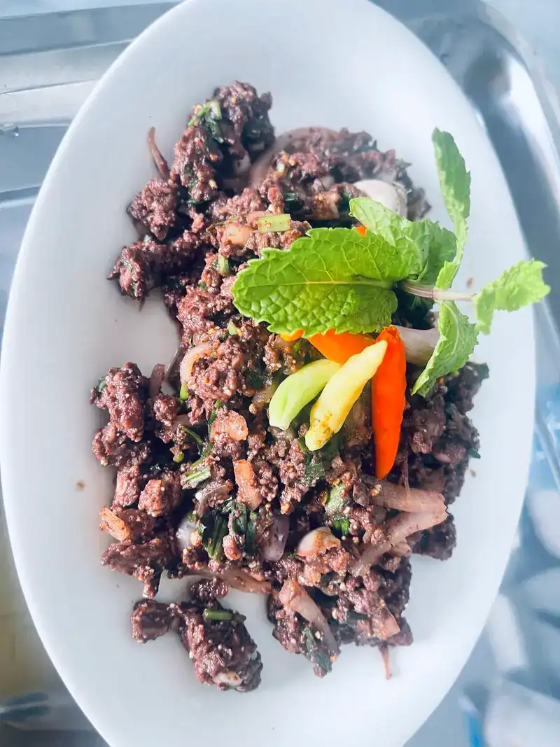 A dark, herby larb topped with mint and fresh chillies
