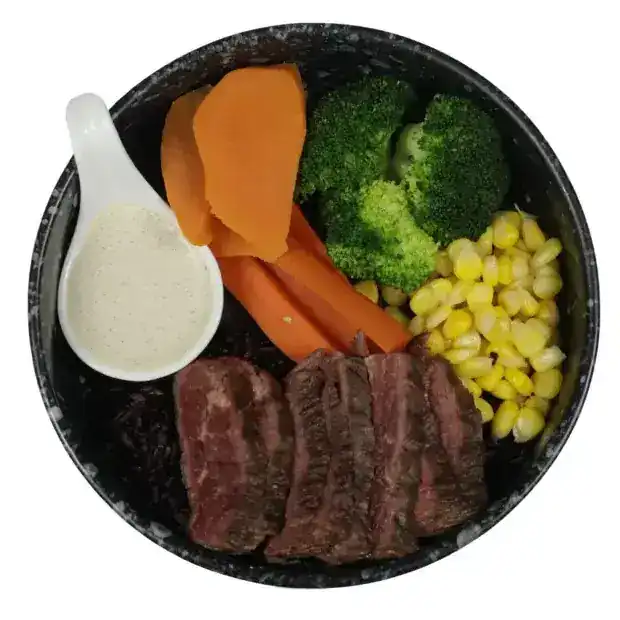 Sliced beef with sweet potato, carrot, broccoli, corn and a white sauce