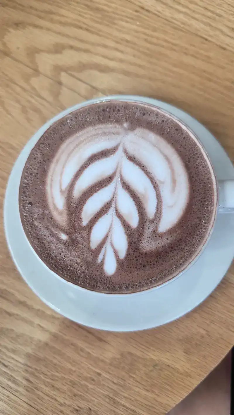 A hot drink with leaf latte art, seen from above