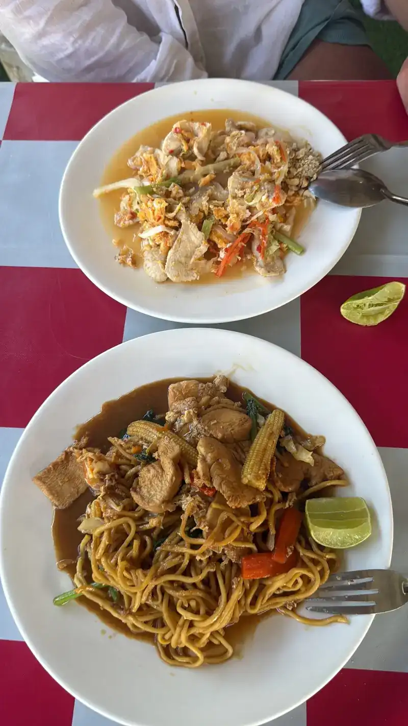 Two plates on the checked cloth, yellow noodles fried with meat and vegetables in front
