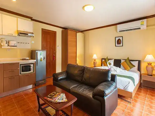 A studio apartment with a kitchenette, a leather sofa and a bed