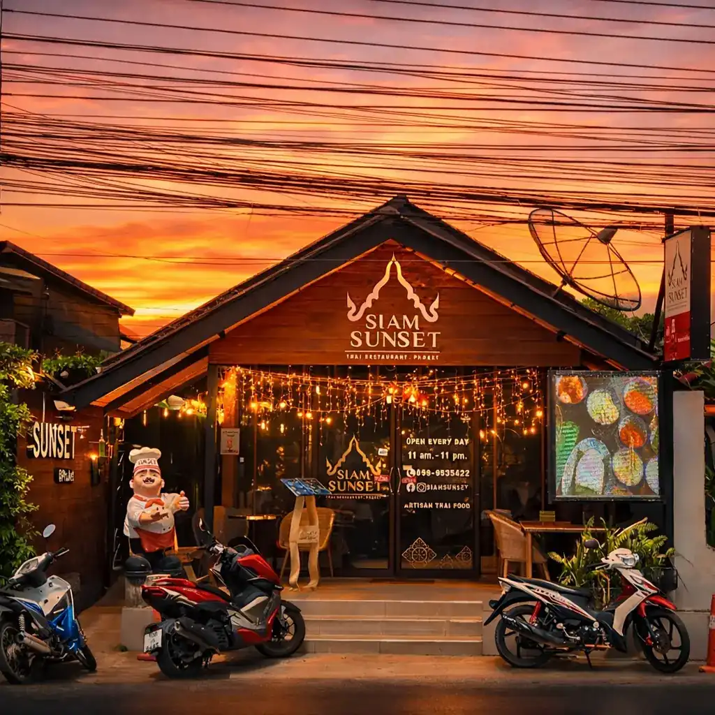Siam Sunset's wooden front under an orange evening sky, string lights glowing behind the glass doors