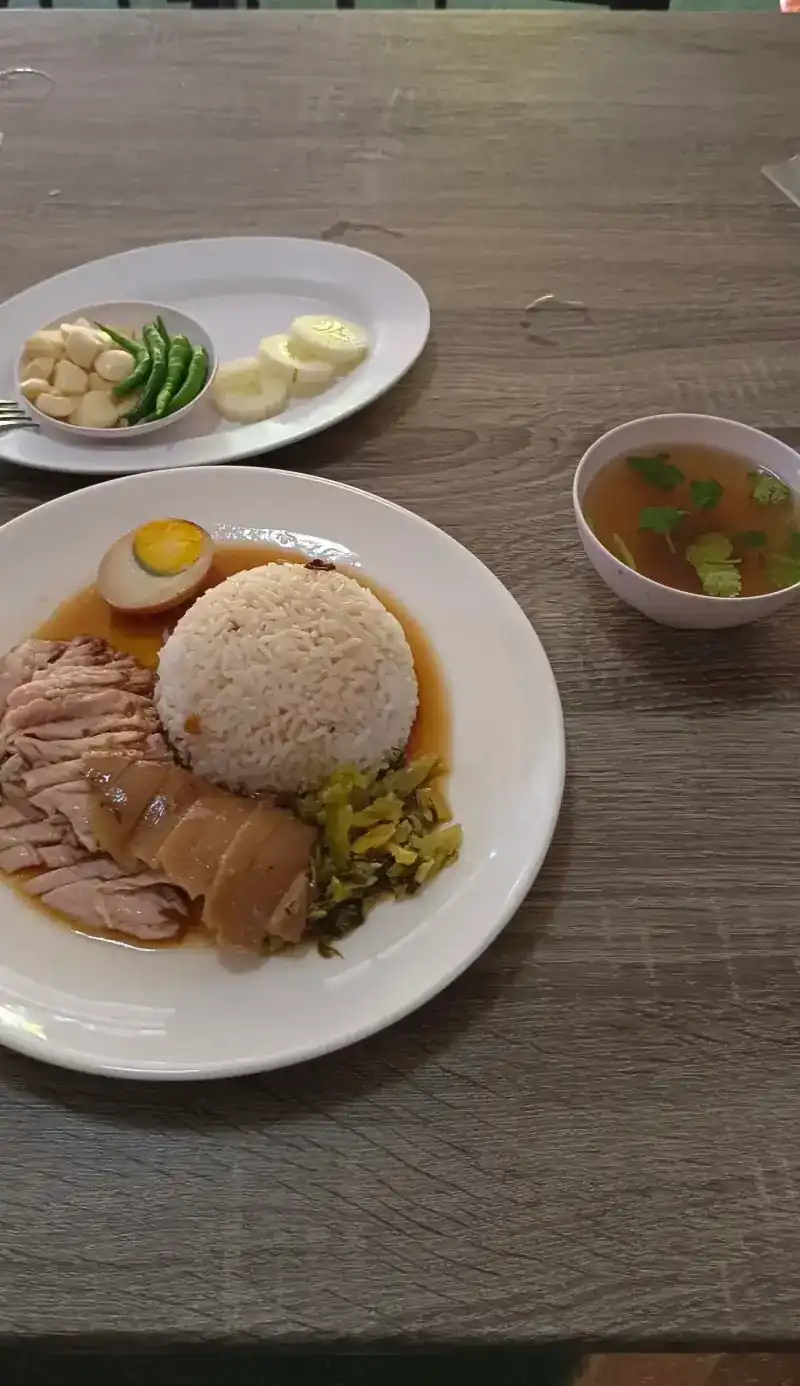 Sliced pork leg on rice with half an egg and pickled mustard greens, a bowl of broth with coriander, and a side plate of garlic, green chillies and cucumber