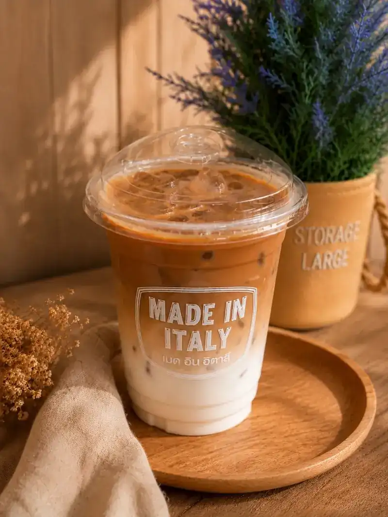 An iced latte in a Made in Italy cup on a wooden tray, lavender behind
