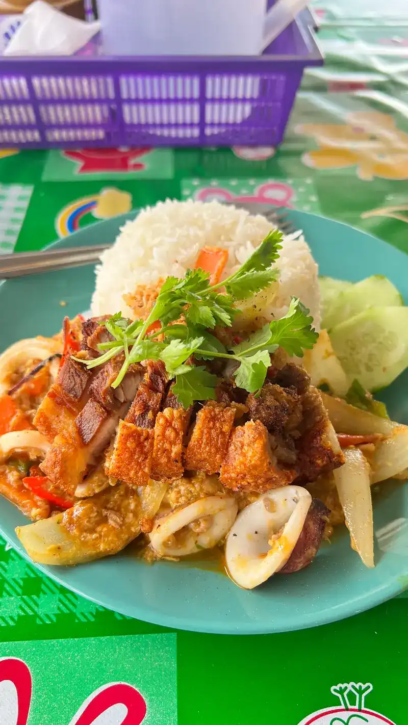 Crispy pork stir-fried with squid, onion and chilli, with rice and cucumber on a pale green plate