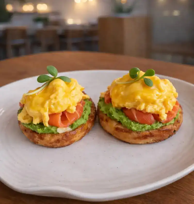 Two crisp potato pancakes topped with smashed avocado, salted salmon and scrambled egg