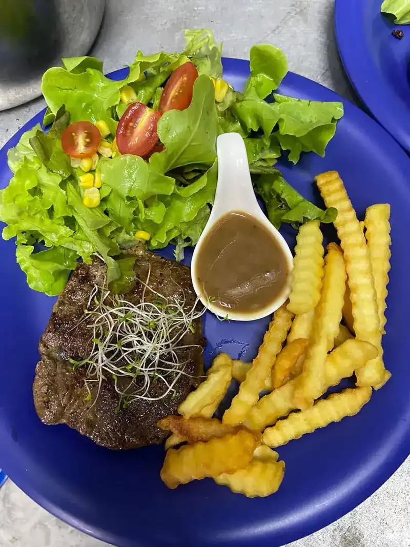 Steak with crinkle-cut fries, salad and gravy