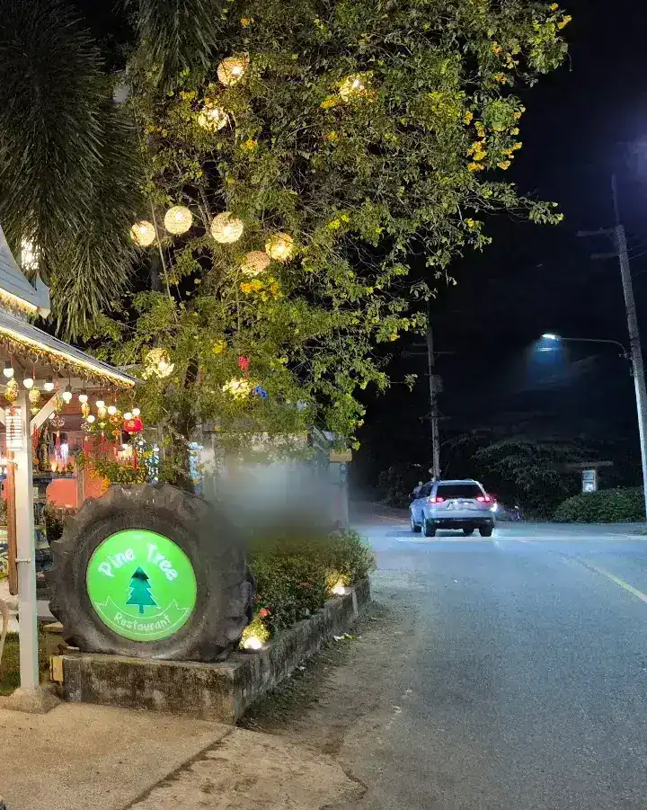 The round green Pine Tree Restaurant sign, set in a big tyre beside the road at night, under trees hung with lights