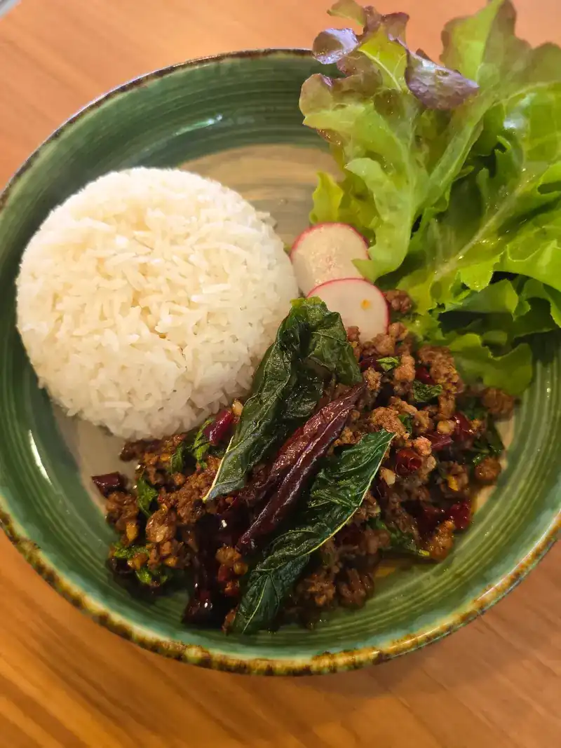 A rice plate with minced pork, crisp-fried herbs and dried chilli, with salad on a green plate