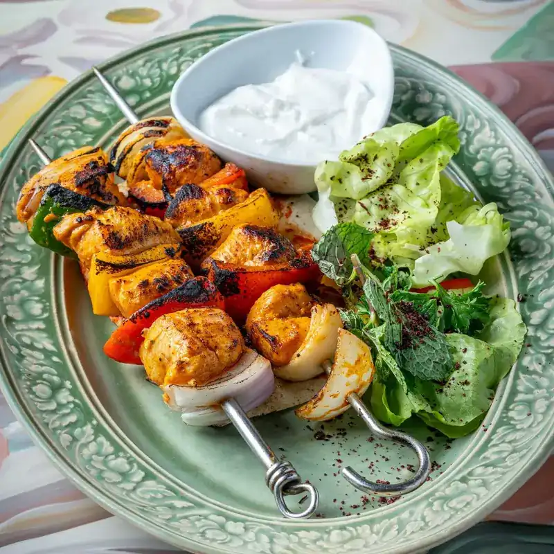 Grilled chicken and pepper skewer with salad and a bowl of white dip on a green plate
